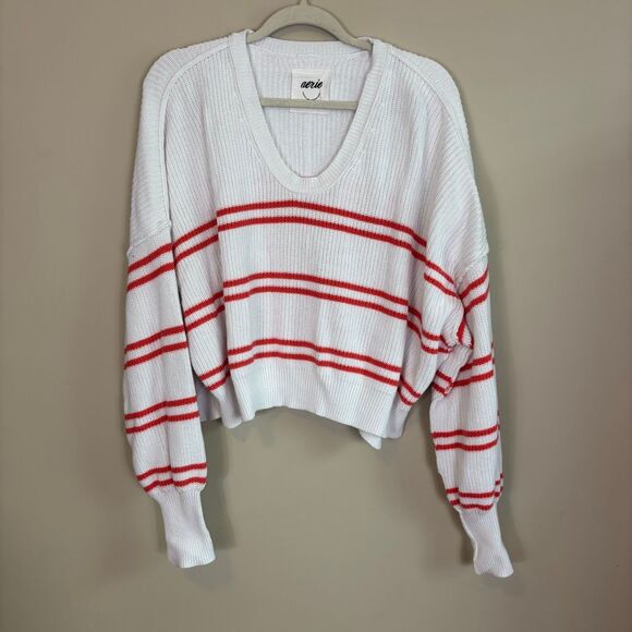 Aerie White Ribbed with Red Striped U Neck Pullover Sweater Size Medium - Picture 1 of 7